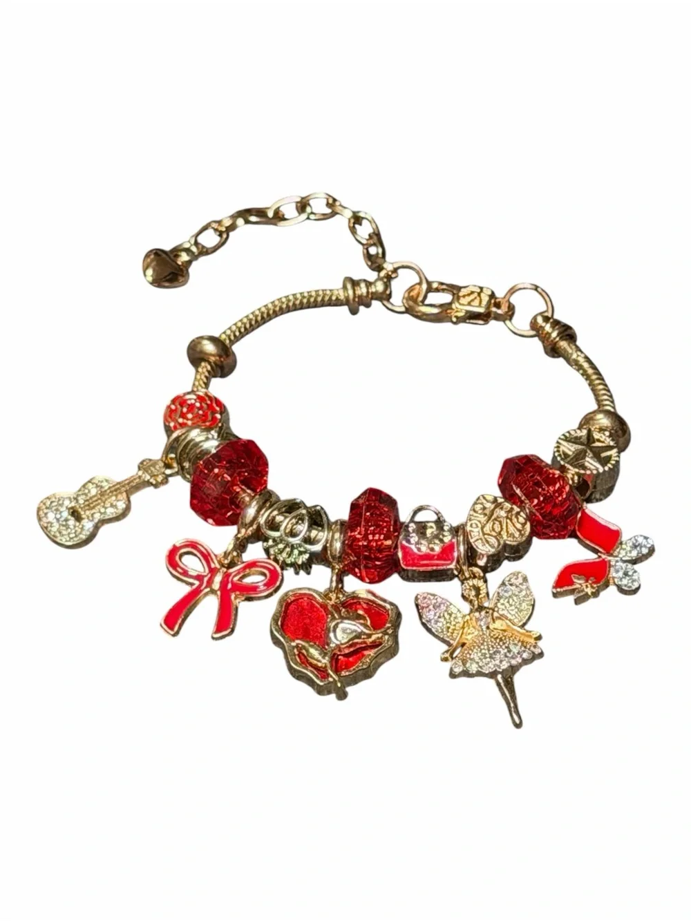 Gold Tone Charm Bracelet with Red Enamel Accents